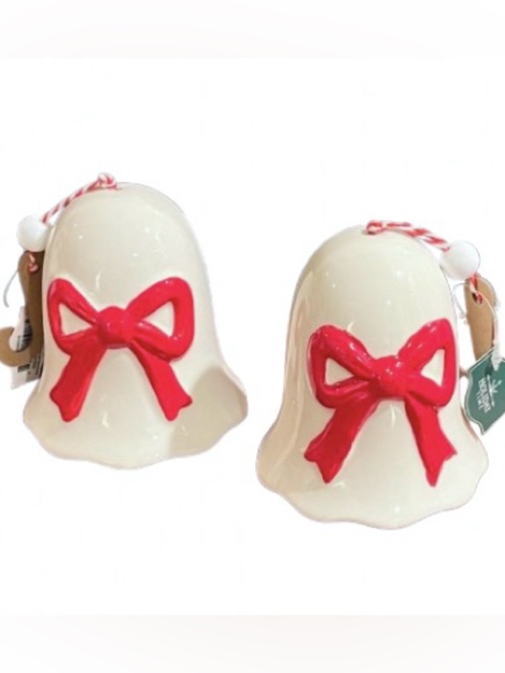 🆕- Set of 2- White Ceramic Bell Christmas Ornament with Red Bow - 4”